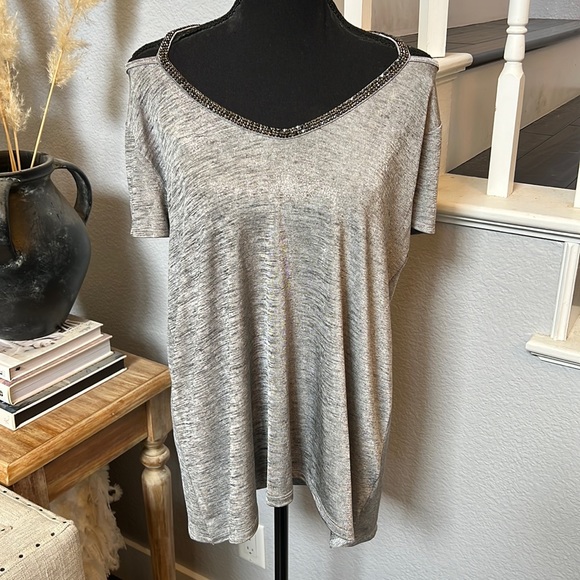 Juicy Couture Tops - Juicy Couture Bedazzled Neck Line Silver Metallic Top